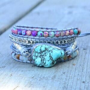 Handmade Turquoise Jasper and Amazonite Boho Festival Leather Wrap Bracelet